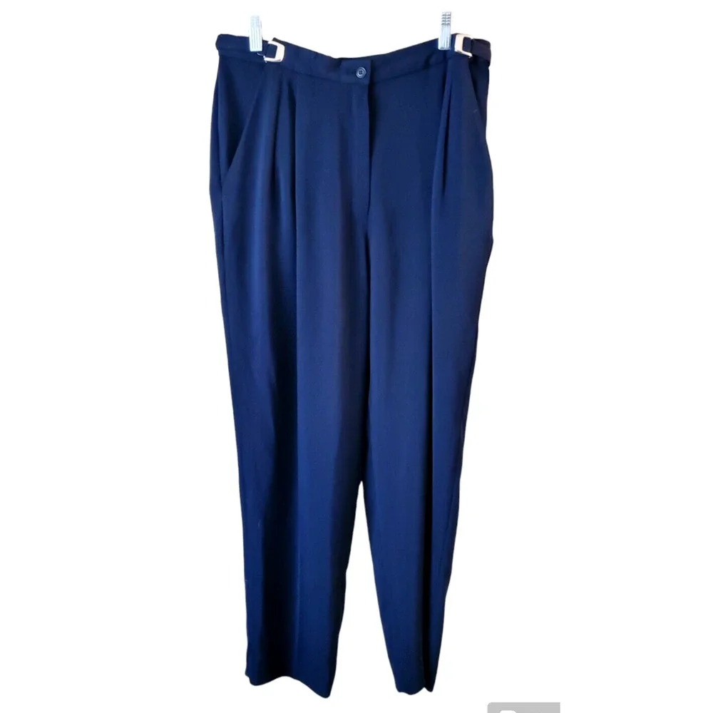 Vintage Peter Nygard Triacetate Pleated Adjustable Buckle Navy Trousers Pants 10